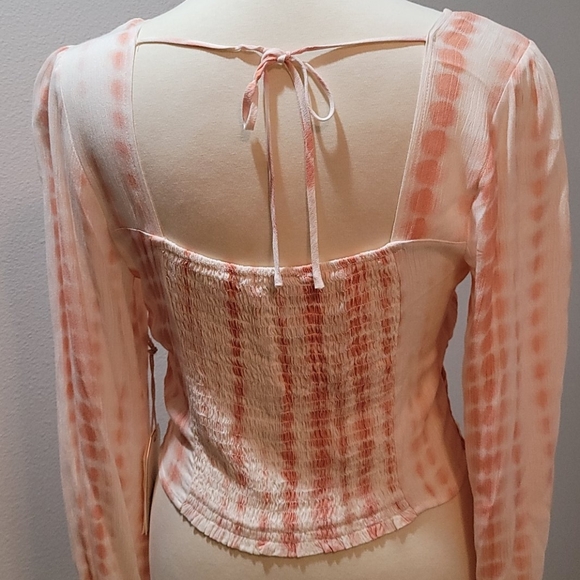 LOVE & PIECE PEACH TIE-DYE CROP TOP GAUZE RUFFLE BOHEMIAN LONG SLEEVE BLOUSE M - Picture 13 of 14